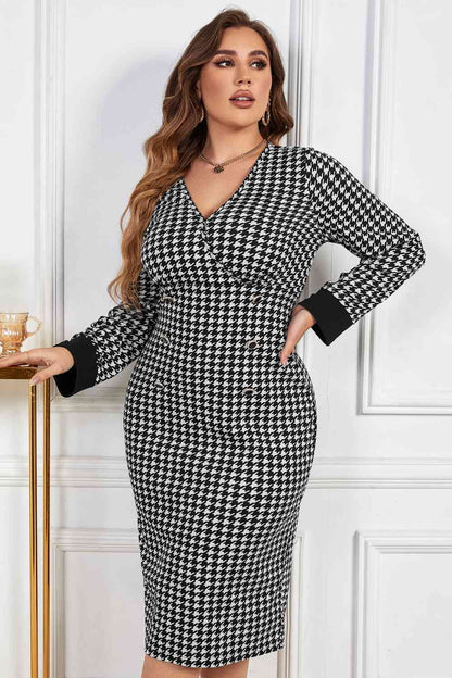 Melo Apparel Robe mi-longue à col en V et motif pied-de-poule de Grande taille