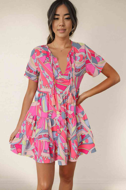 Multicolored Tie Neck Short Sleeve Tiered Dress