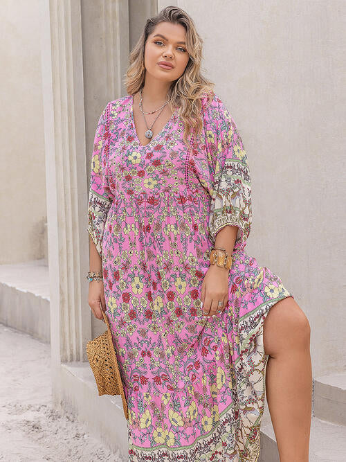 Vestido midi con manga globo y cuello en V floral de talla grande