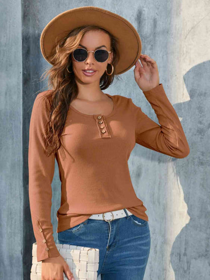 Buttoned Round Neck Long Sleeve T-Shirt