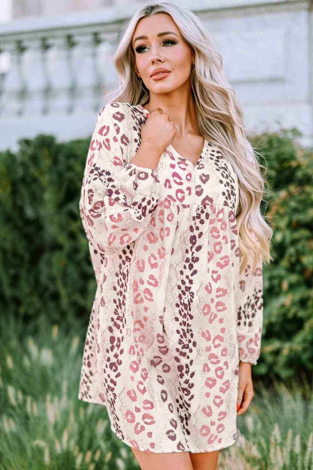 Leopard V-Neck Balloon Sleeve Babydoll Dress