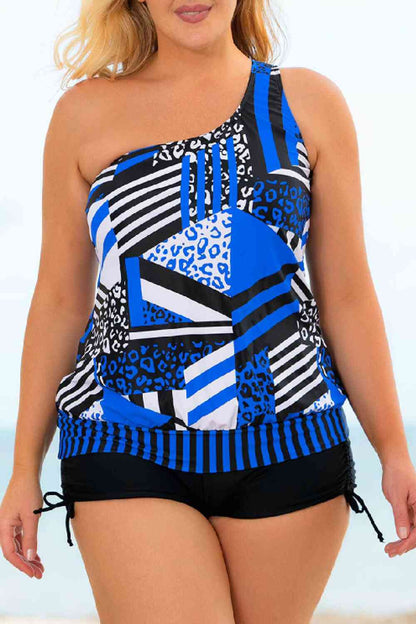 Ensemble de Tankini à Une Epaule Nouée en Patchwork de Grande Taille