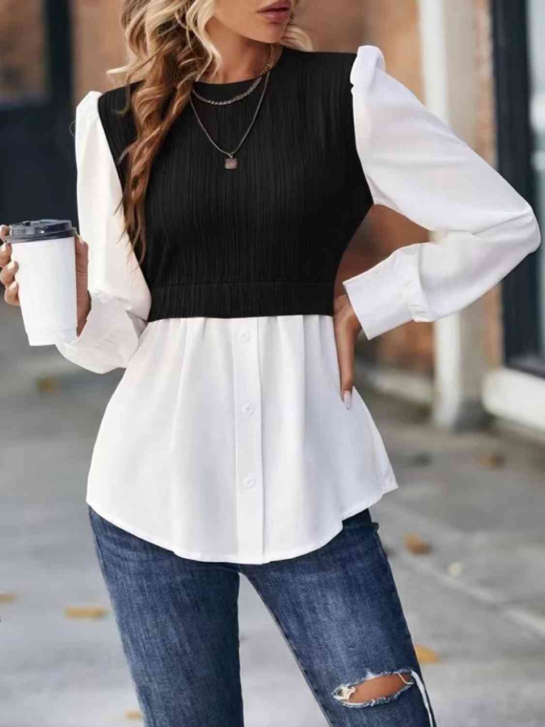 Blouse contrastée à col rond et manches bouffantes