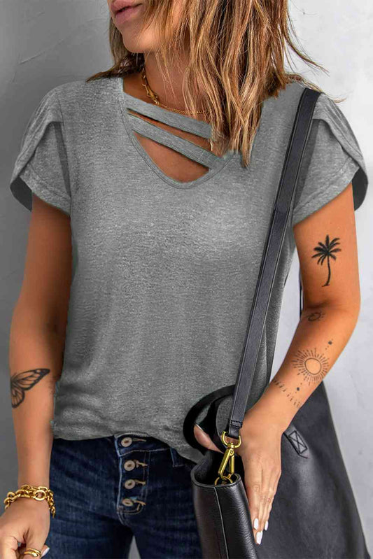 Strappy V-Neck Petal Sleeve Tee