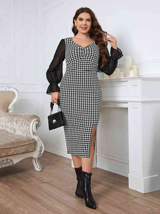 Plus Size Houndstooth Flounce Sleeve Slit Dress