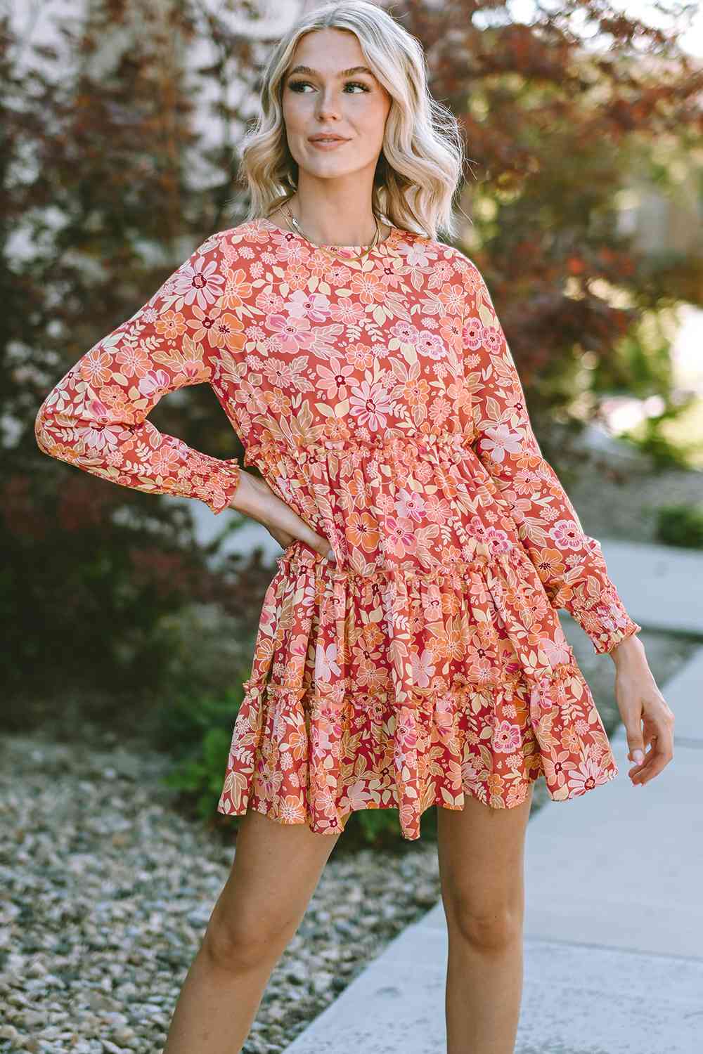 Floral Print Round Neck Long Sleeve Tiered Dress