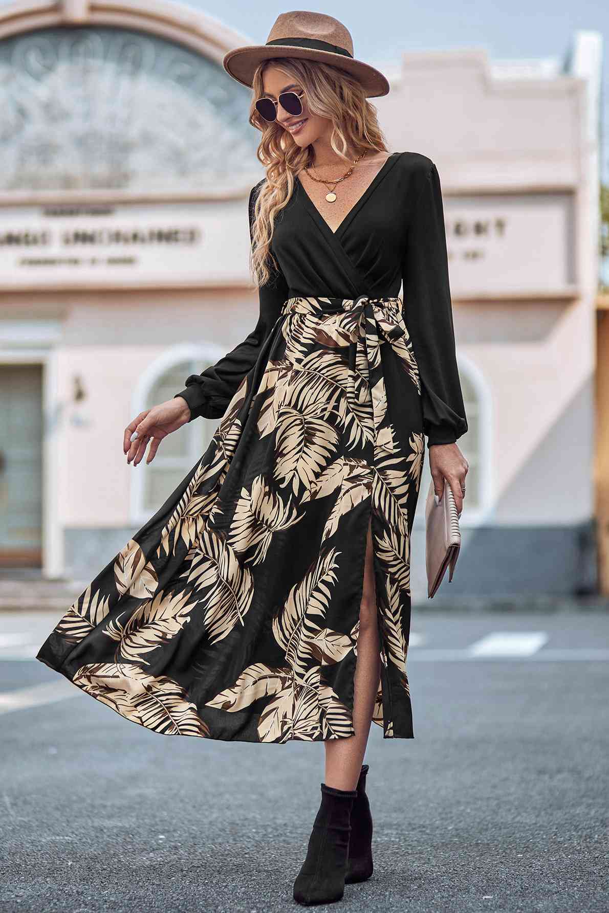 Robe imprimée à manches longues et taille nouée