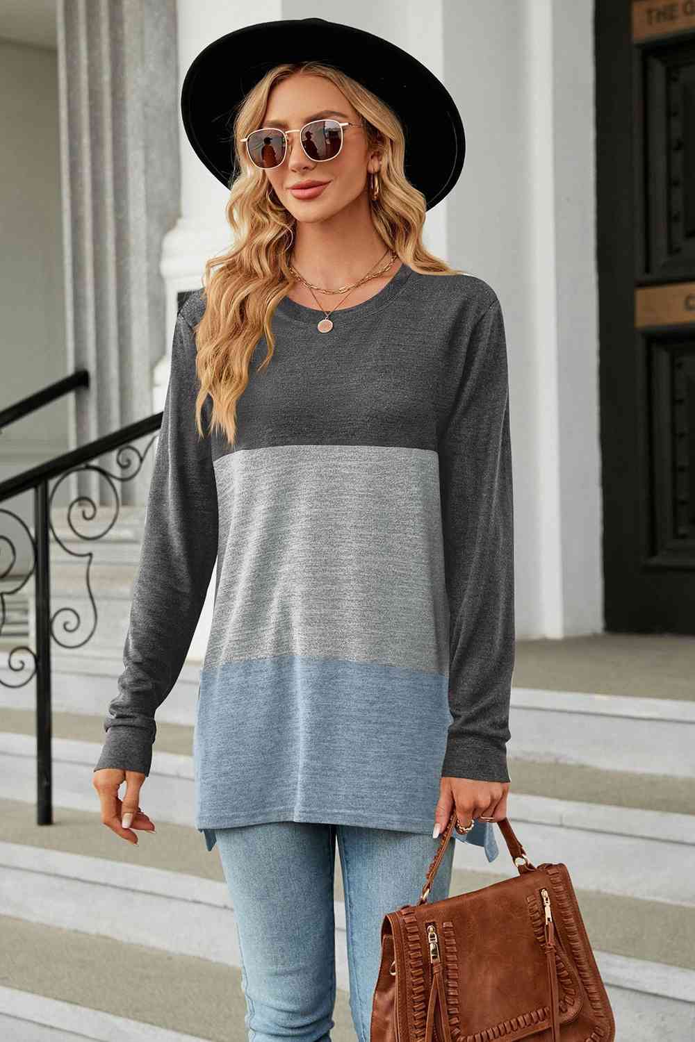 Color Block Round Neck Long Sleeve Slit T-Shirt