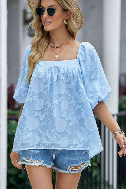 Applique Puff Sleeve Square Neck Blouse