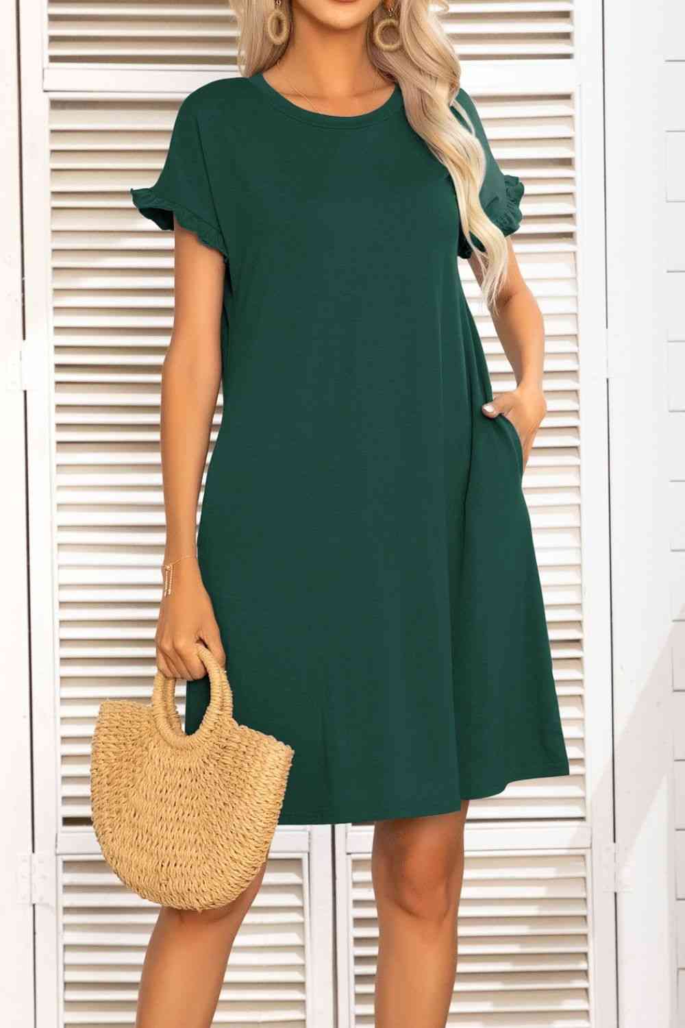 Flounce Sleeve Round Neck Dress with Pockets