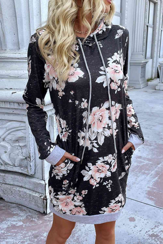 Floral Drawstring Detail Hoodie Dress