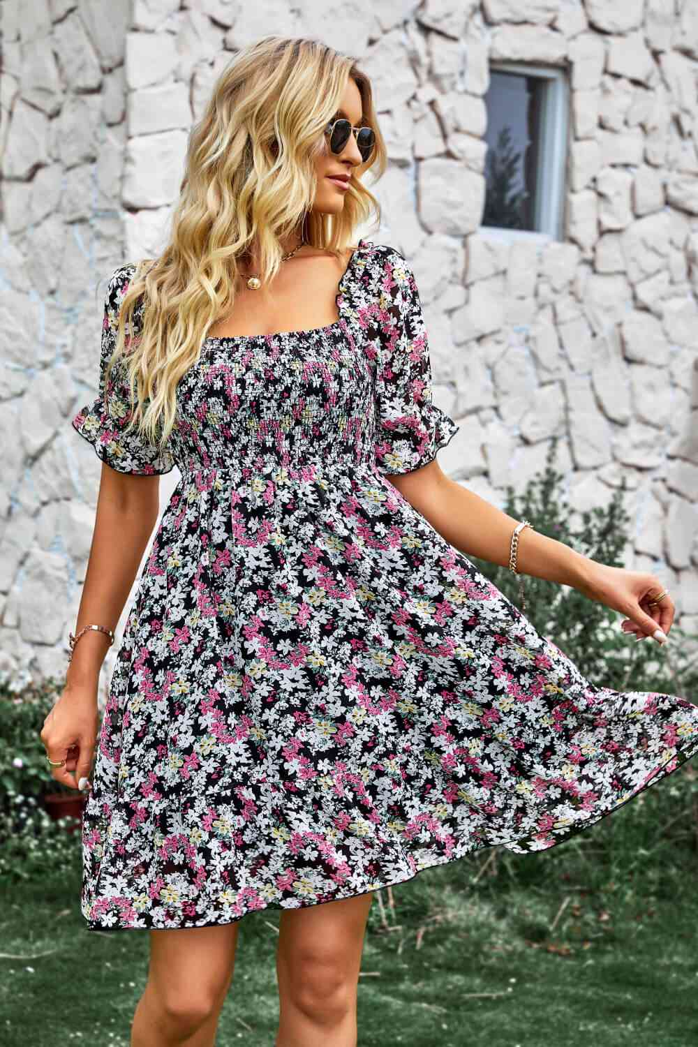 Floral Square Neck Smocked Frill Trim Dress