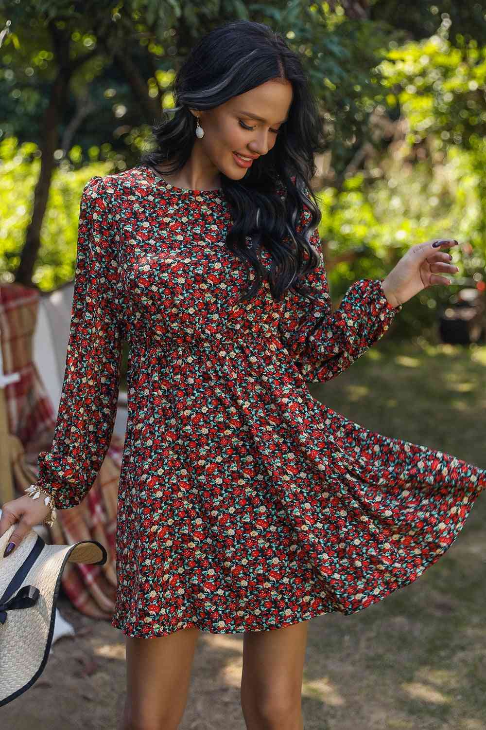 Printed Round Neck Long Sleeve Mini Dress