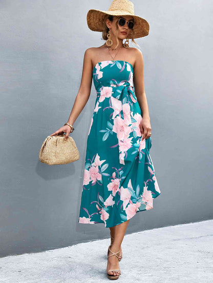 Vestido midi con estampado floral y cintura anudada con cuello recto