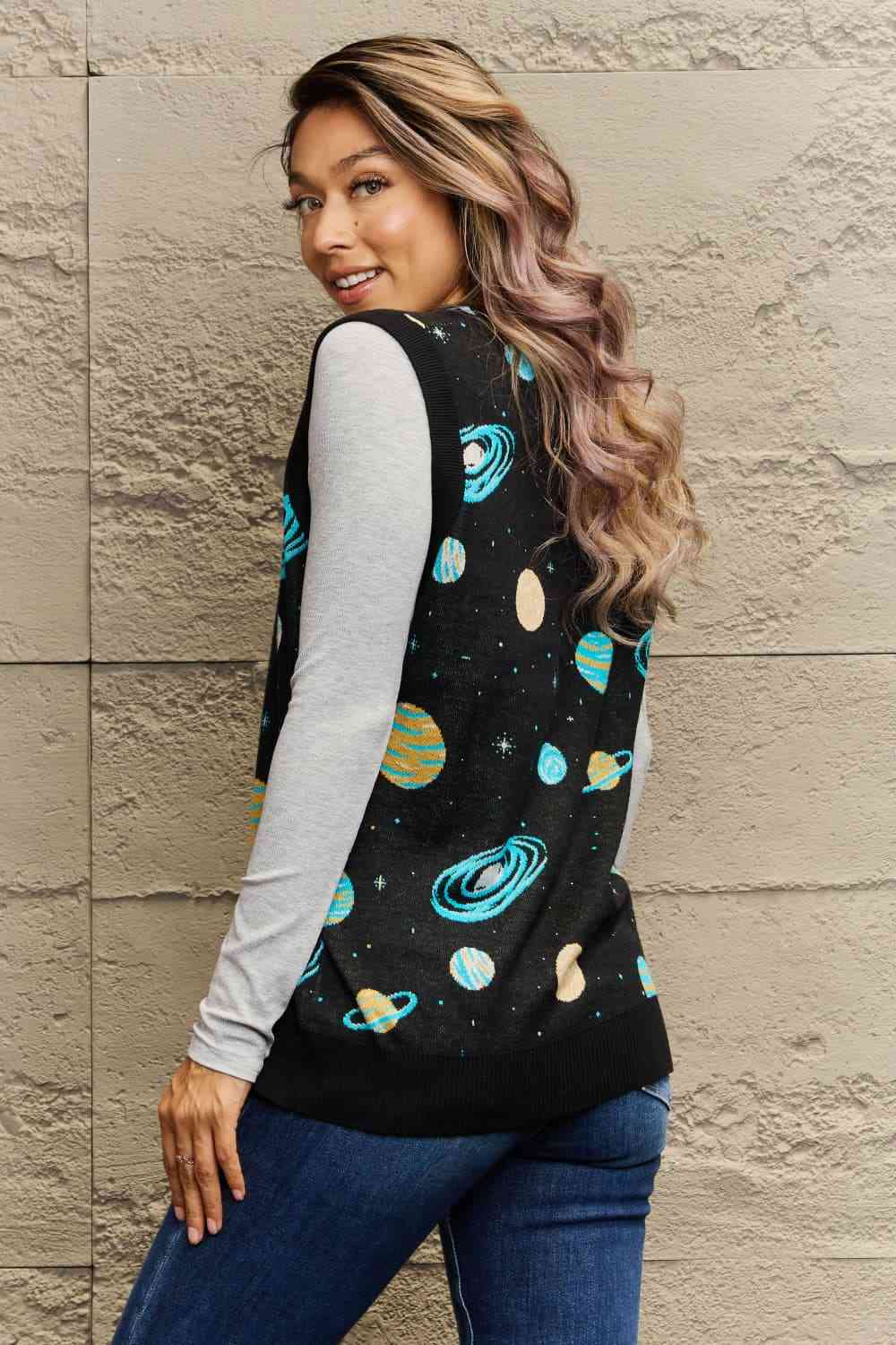 Woven Right Full Size Sleeveless Space Graphic Sweater Vest