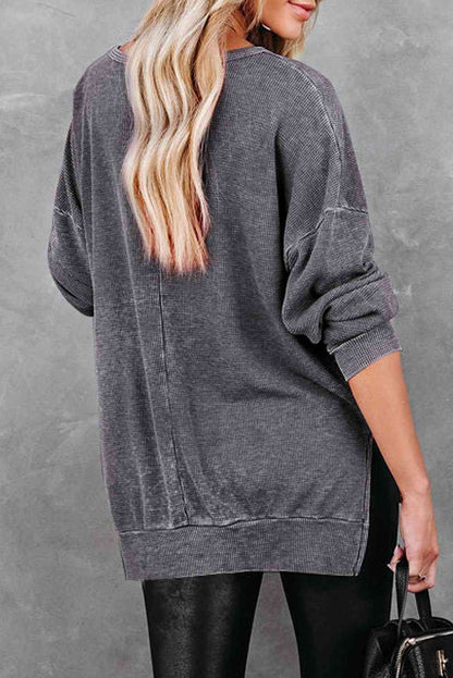 Round Neck Drop Shoulder Slit Sweatshirt