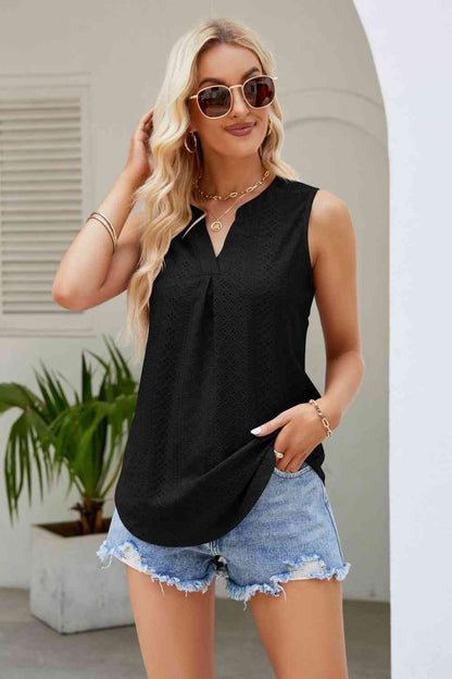 Notched Neck Curved Hem Eyelet Tank