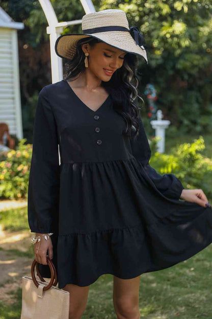 V-Neck Buttoned Long Sleeve Dress