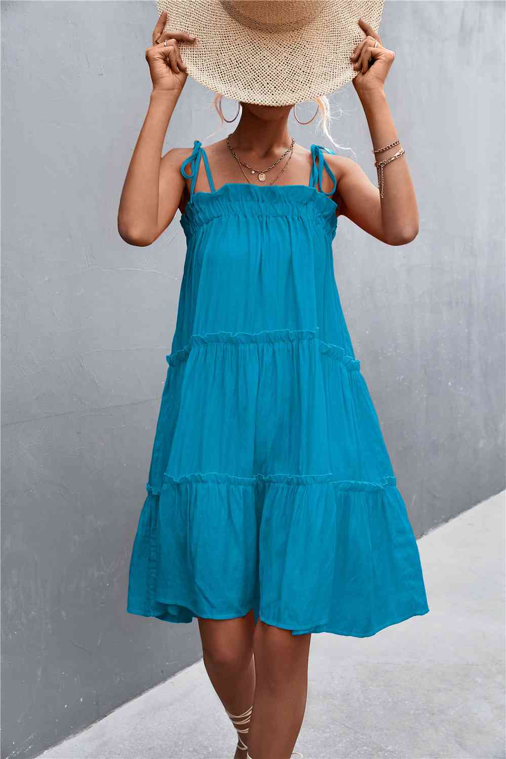 Tie-Shoulder Frill Trim Sleeveless Dress