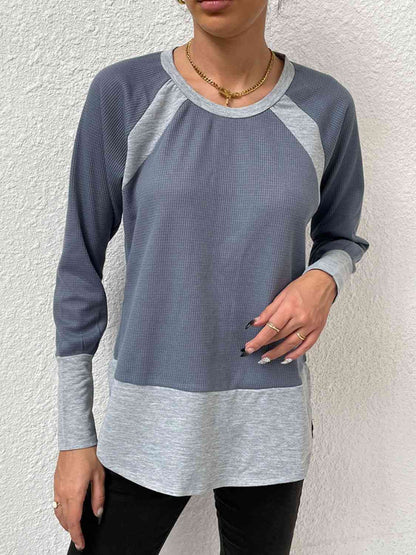 T-shirt à manches raglan et col rond en tricot gaufré