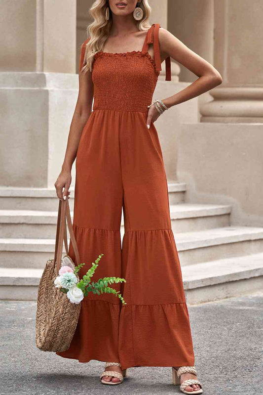 Tie-Shoulder Smocked Tiered Jumpsuit