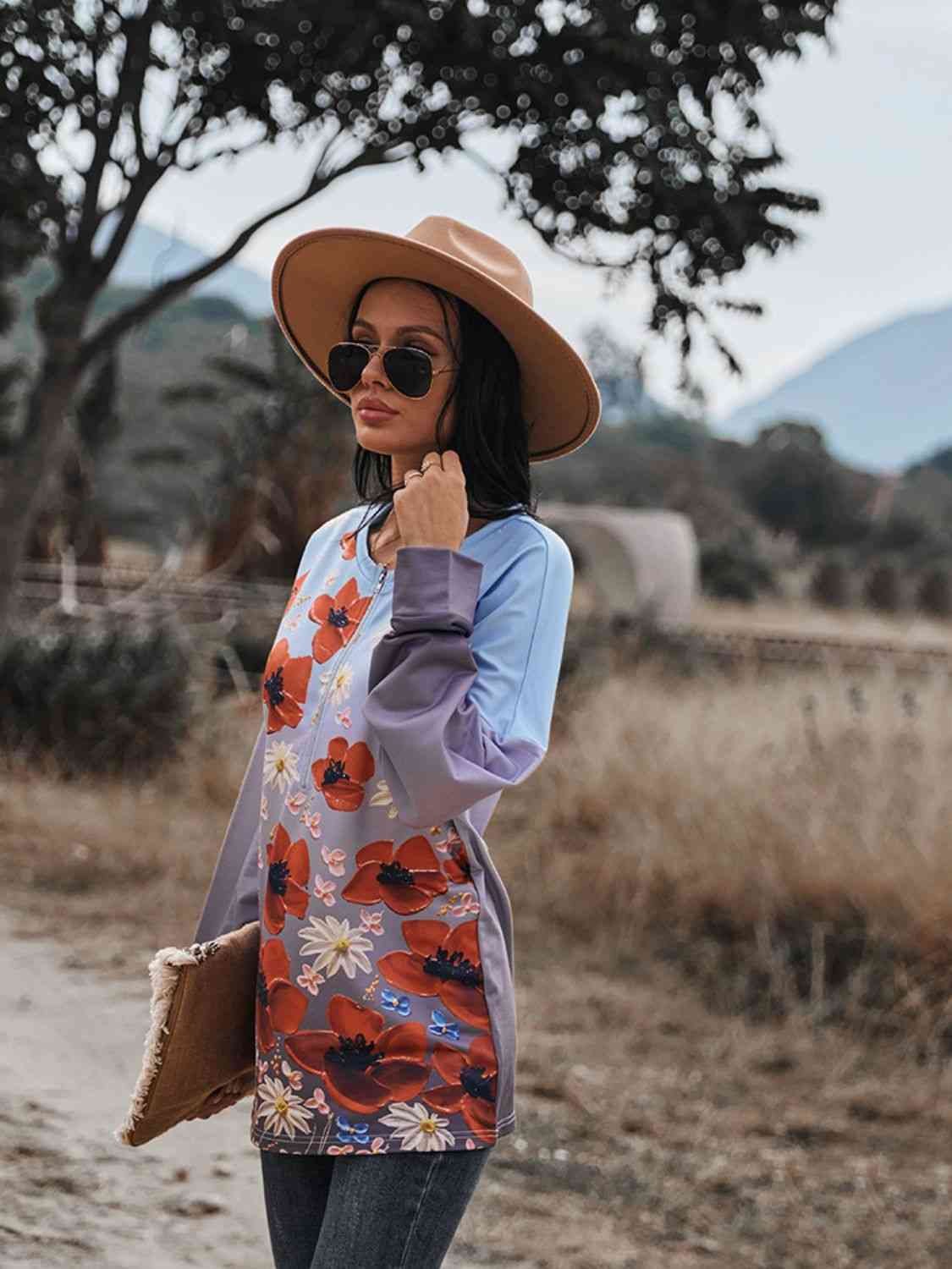 Blouse à épaules tombantes et fermeture éclair sur le devant à imprimé floral