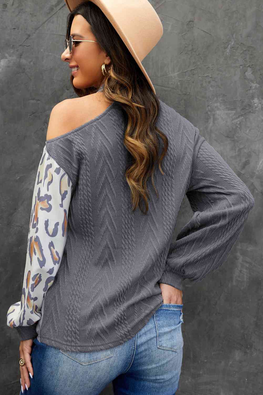 Leopard Color Block Cold Shoulder Turtleneck Top