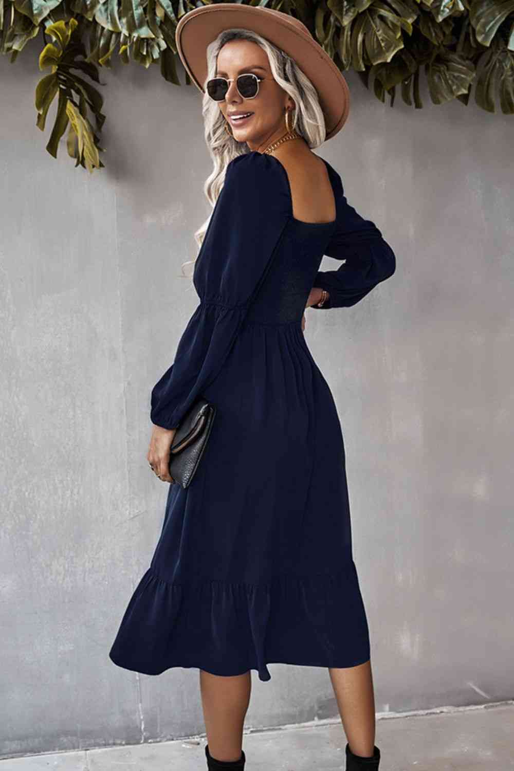 Square Neck Ruffle Hem Long Bubble Sleeve Midi Dress