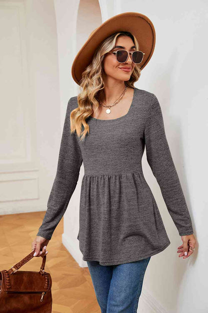 Square Neck Long Sleeve Peplum Top