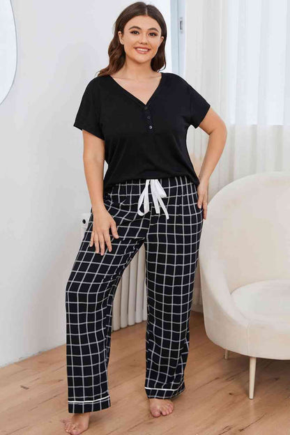 Conjunto de salón con pantalón a cuadros y top con cuello en V de talla grande