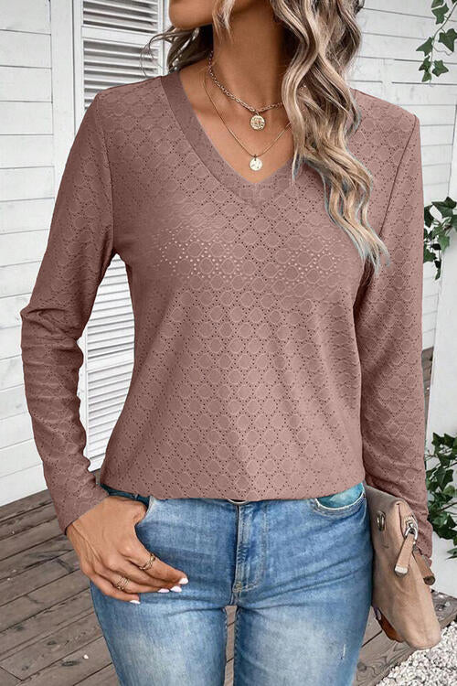 Eyelet V-Neck Long Sleeve T-Shirt