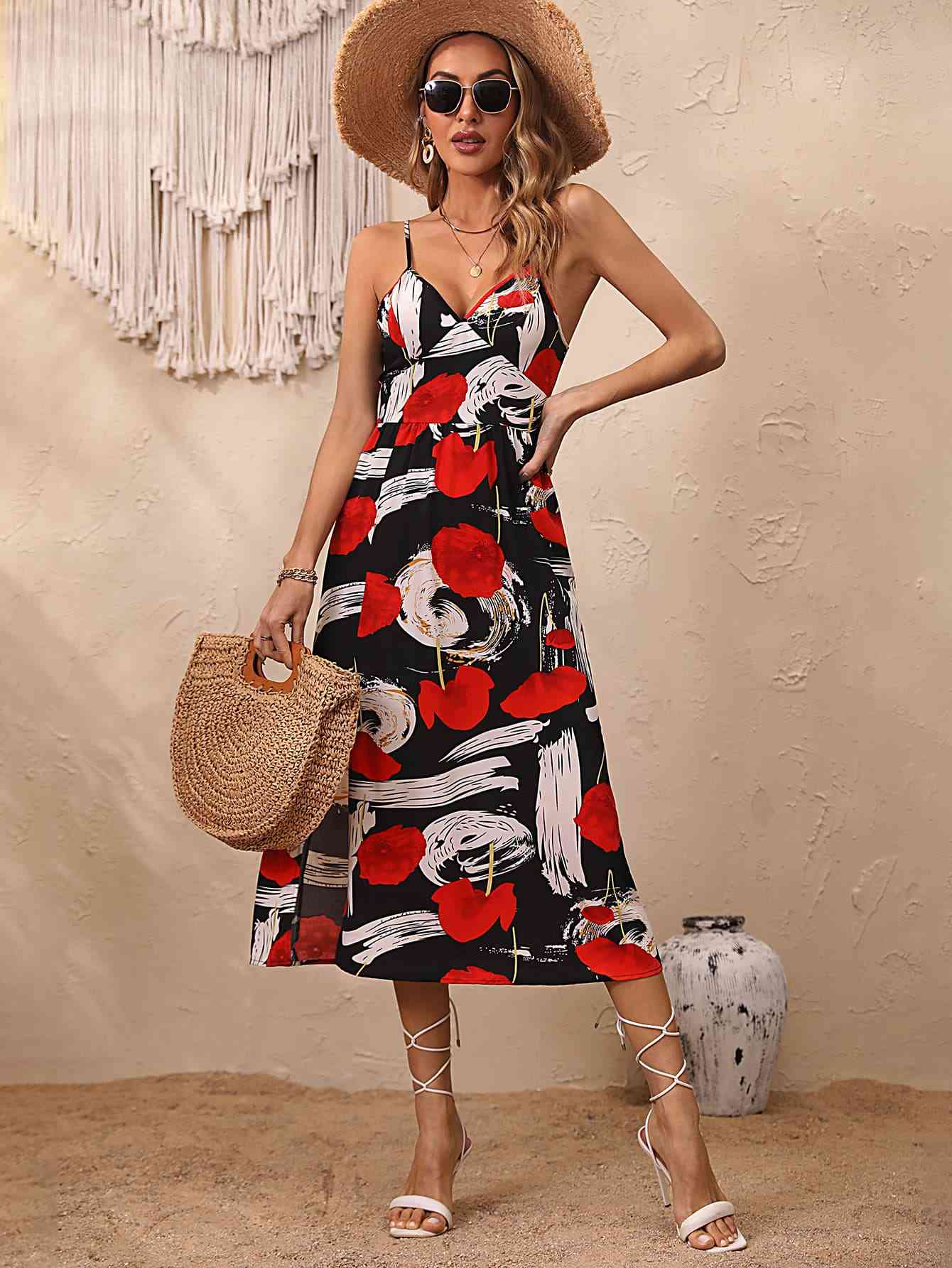 Floral Spaghetti Strap Slit Hem Dress