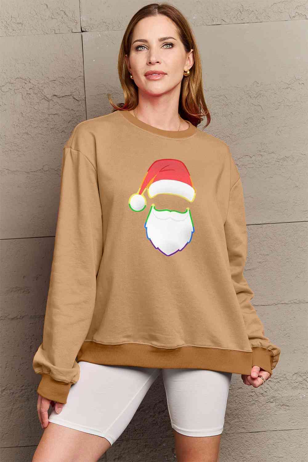 Simply Love Sweat-shirt à col rond avec motif Père Noël arc-en-ciel pleine taille