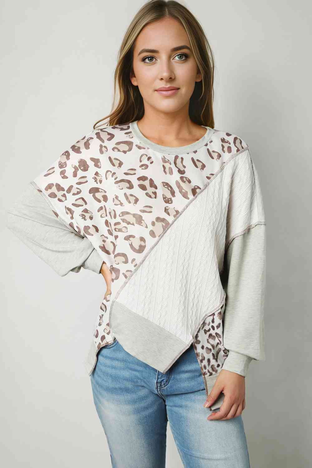 Leopard Exposed Seams Round Neck Sweatshirt