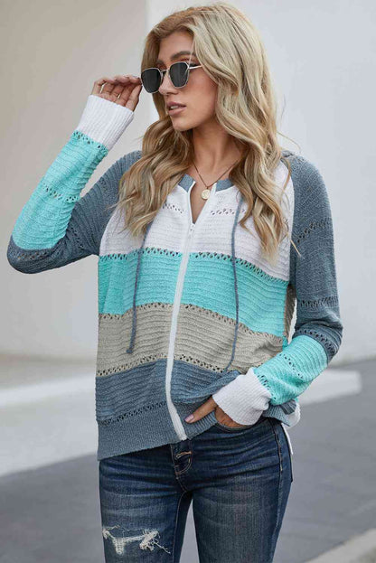 Cardigan zippé à capuche ajouré et manches raglan