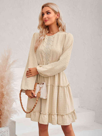 Swiss Dot Lace Trim Balloon Sleeve Dress