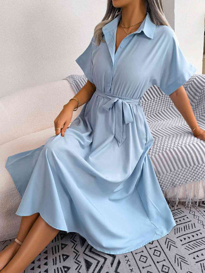 Short Sleeve Collared Tie Belt Dress