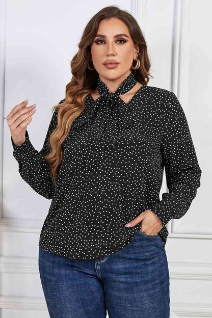 Melo Apparel Blusa de manga larga con cuello anudado y estampado de talla grande