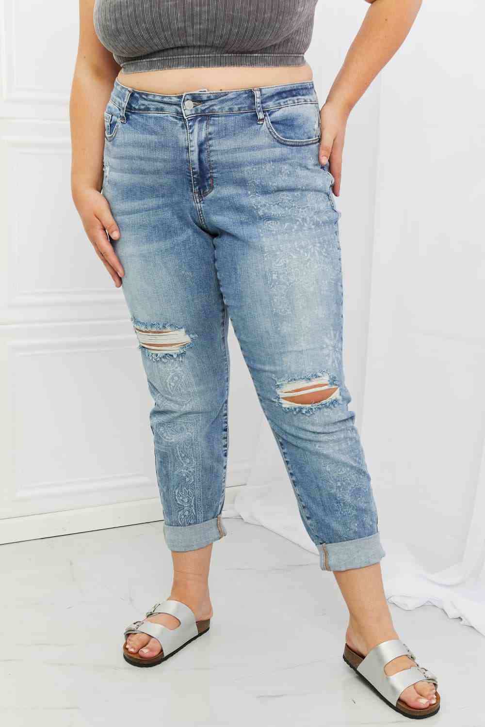 Judy Blue Maika Full Size Paisley Patterned Boyfriend Jeans