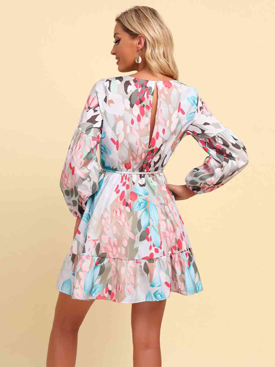 Printed Tie-Waist Puff Sleeve Surplice Dress