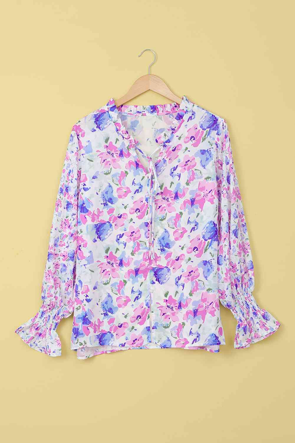 Floral Frill Trim Tie Neck Flounce Sleeve Blouse