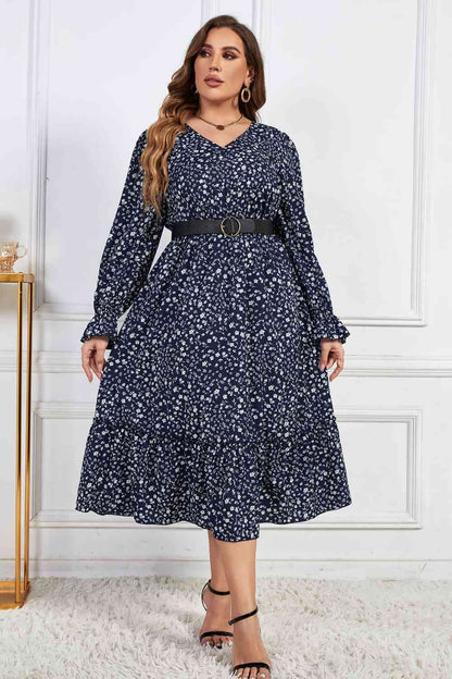 Melo Apparel Robe mi-longue à imprimé floral et manches à volants, grande taille, col en V