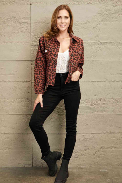 Double Take Leopard Print Raw Hem Jacket