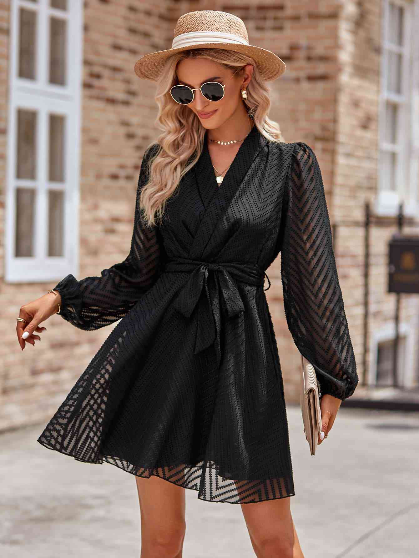 Belted Surplice Neck Long Sleeve Mini Dress