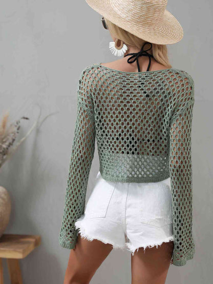 Openwork Flare Sleeve Cropped Cover Up