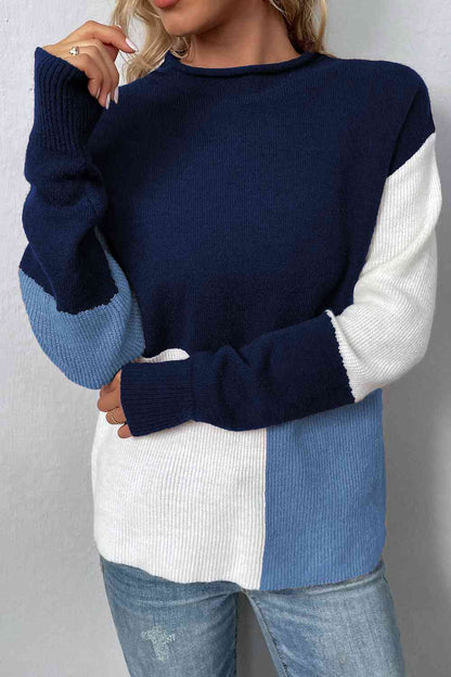 Color Block Round Neck Dropped Shoulder Sweater