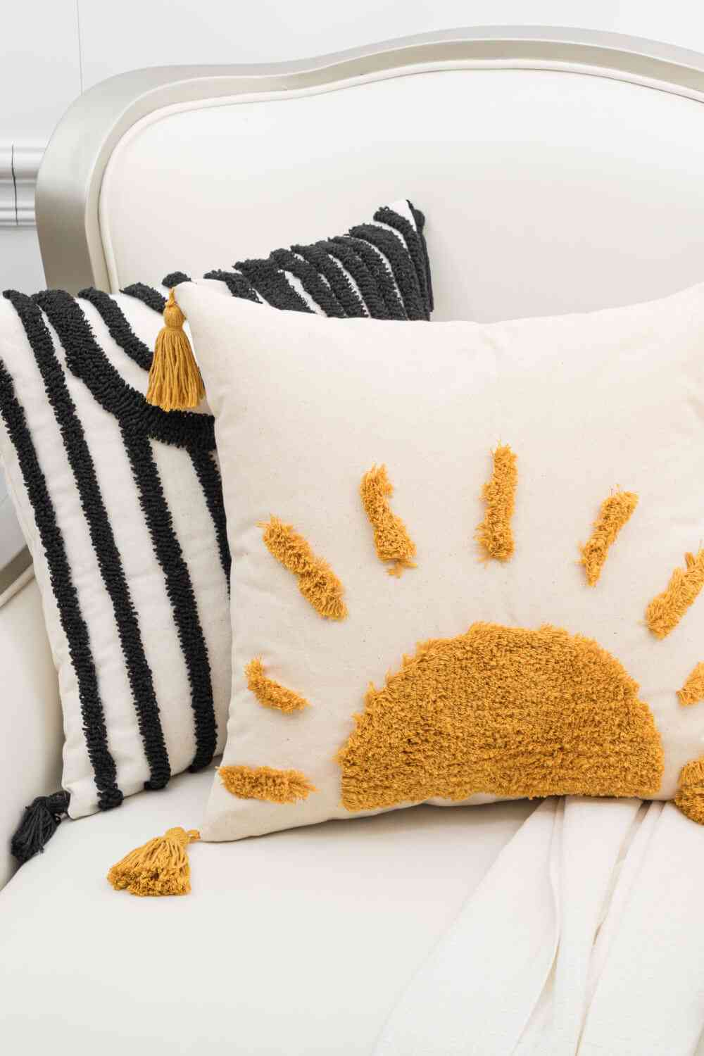 Funda de almohada decorativa con borla y gráfico de sol