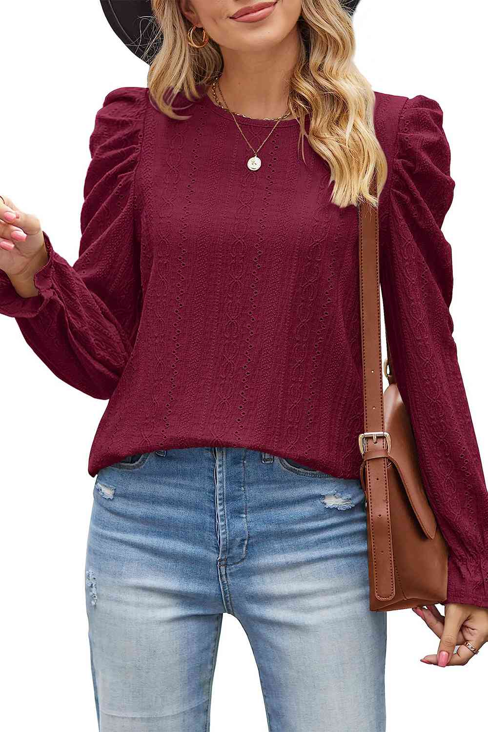 Round Neck Puff Sleeve Blouse