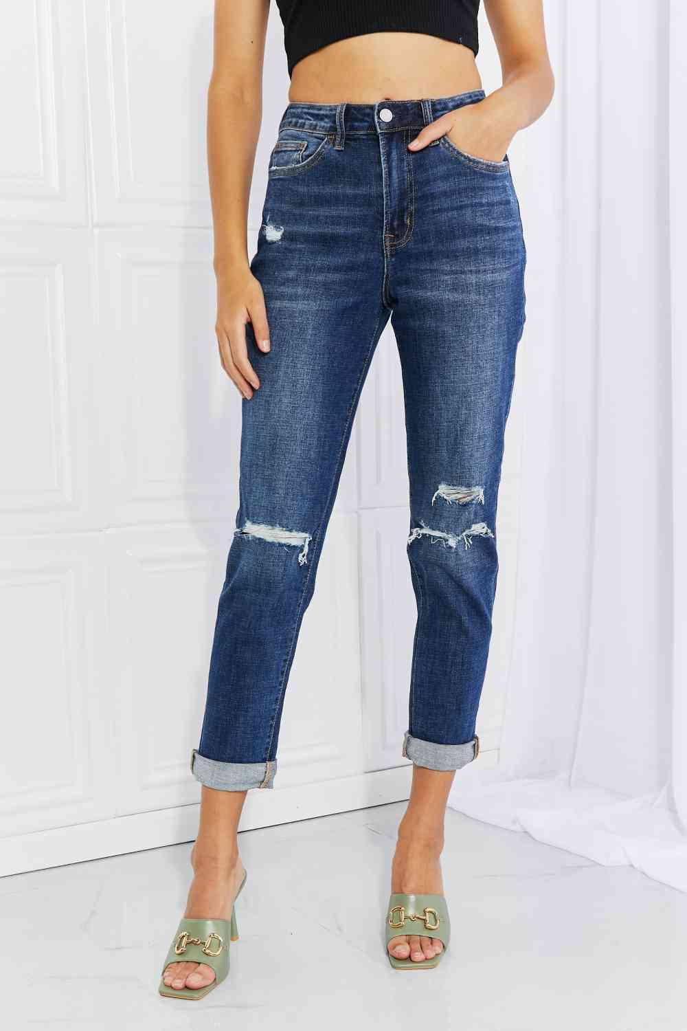 Vervet by Flying Monkey Full Size Distressed Cropped Jeans with Pockets