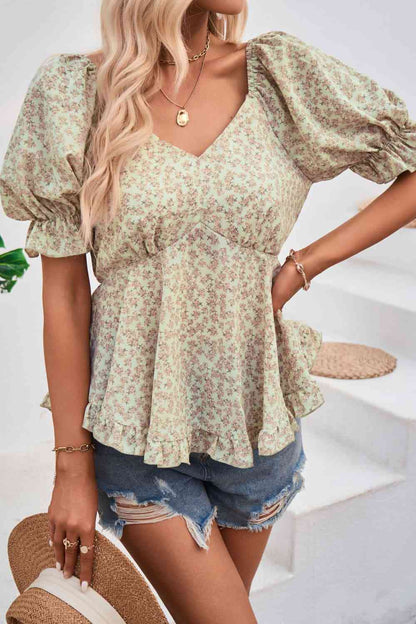 V-Neck Flounce Sleeve Blouse